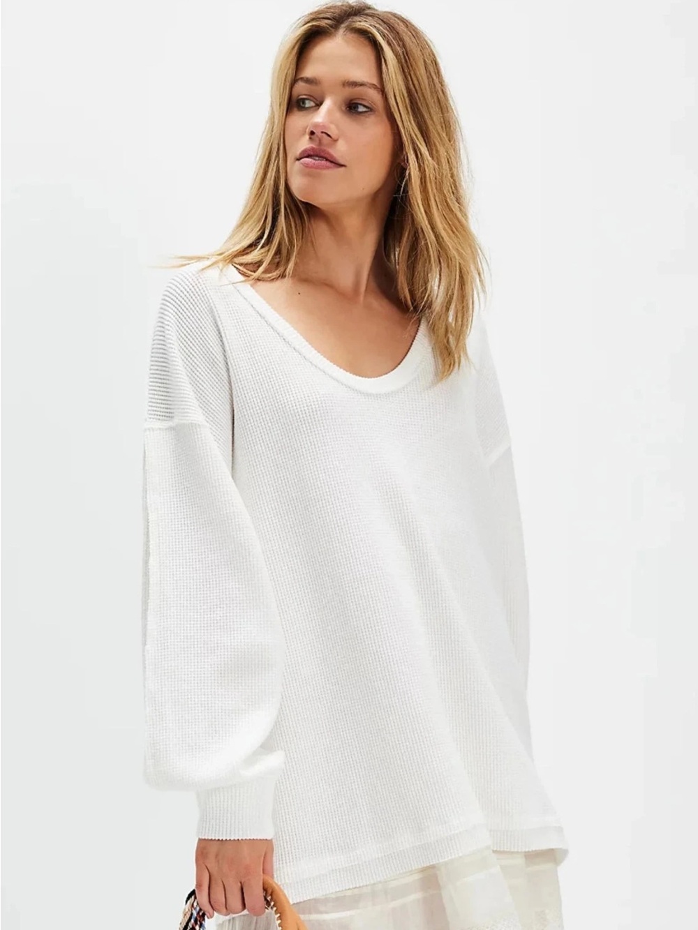 We The Free People Coast 2 Coast Thermal Shirt White Scoop Neck Oversized Top M